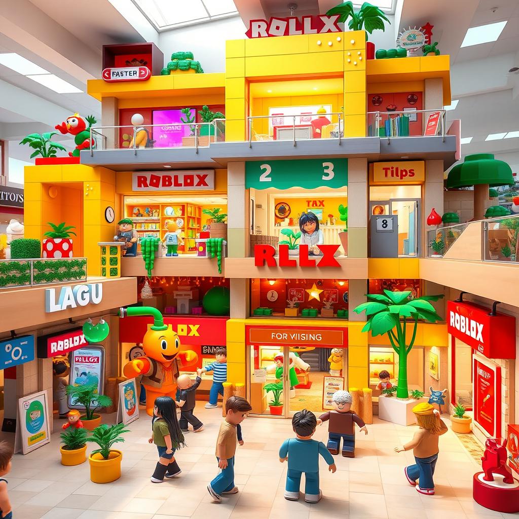 A whimsical Roblox style mall building, showcasing multiple floors with blocky architecture and bright, cheerful colors