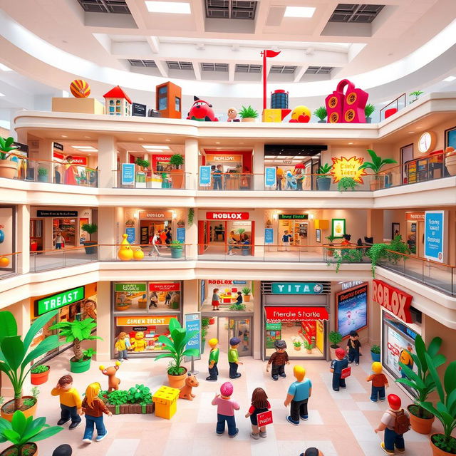 A whimsical Roblox style mall building, showcasing multiple floors with blocky architecture and bright, cheerful colors