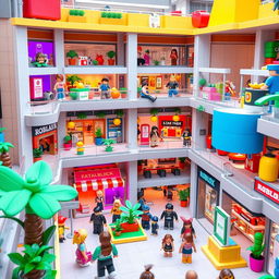 A whimsical Roblox style mall building, showcasing multiple floors with blocky architecture and bright, cheerful colors