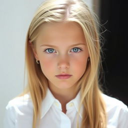 18-year-old blonde girl with blue eyes, wearing a white shirt, looking directly at the camera, highlighting her attractive features and confident expression