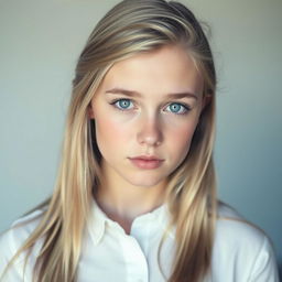 18-year-old blonde girl with blue eyes, wearing a white shirt, looking directly at the camera, highlighting her attractive features and confident expression