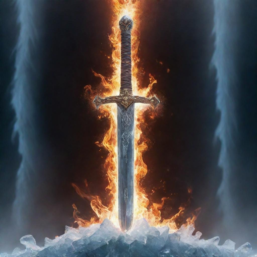 A brilliantly gleaming sword, one half aflame with searing fire, the other half encased in shimmering ice, both surrounded by a cascade of radiant lights.