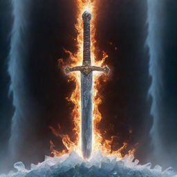 A brilliantly gleaming sword, one half aflame with searing fire, the other half encased in shimmering ice, both surrounded by a cascade of radiant lights.