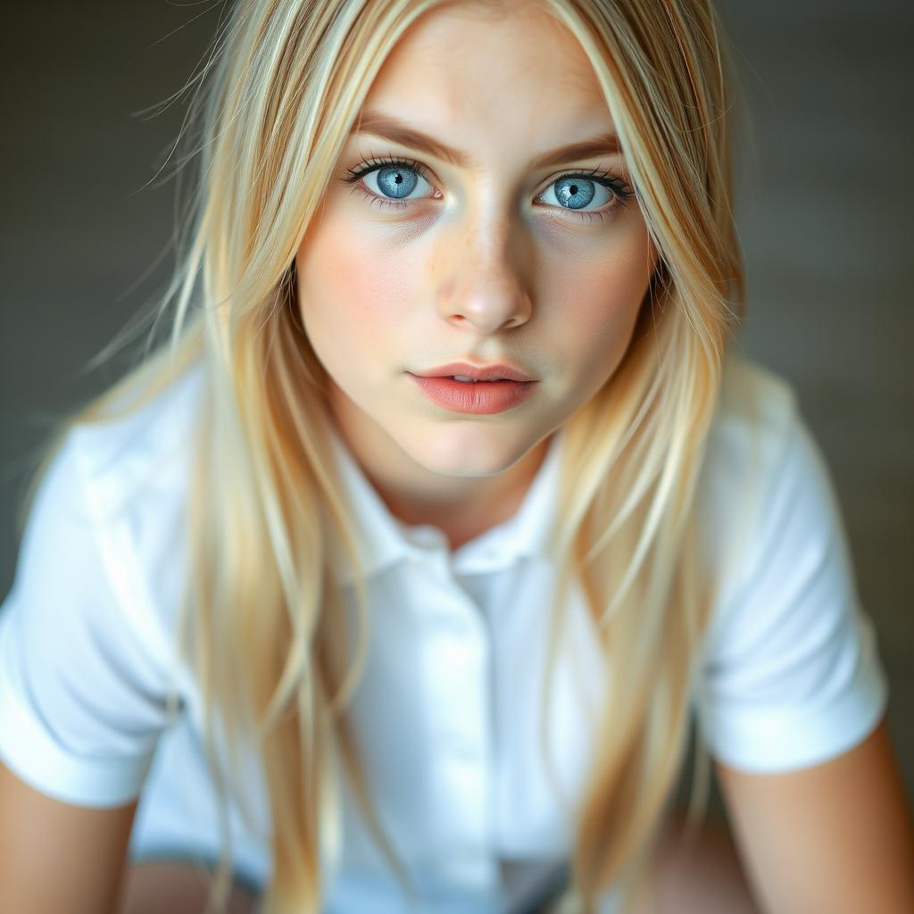 18-year-old blonde girl with blue eyes, wearing a white shirt, looking directly at the camera, highlighting her attractive features and confident expression