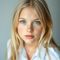 18-year-old blonde girl with blue eyes, wearing a white shirt, looking directly at the camera, highlighting her attractive features and confident expression