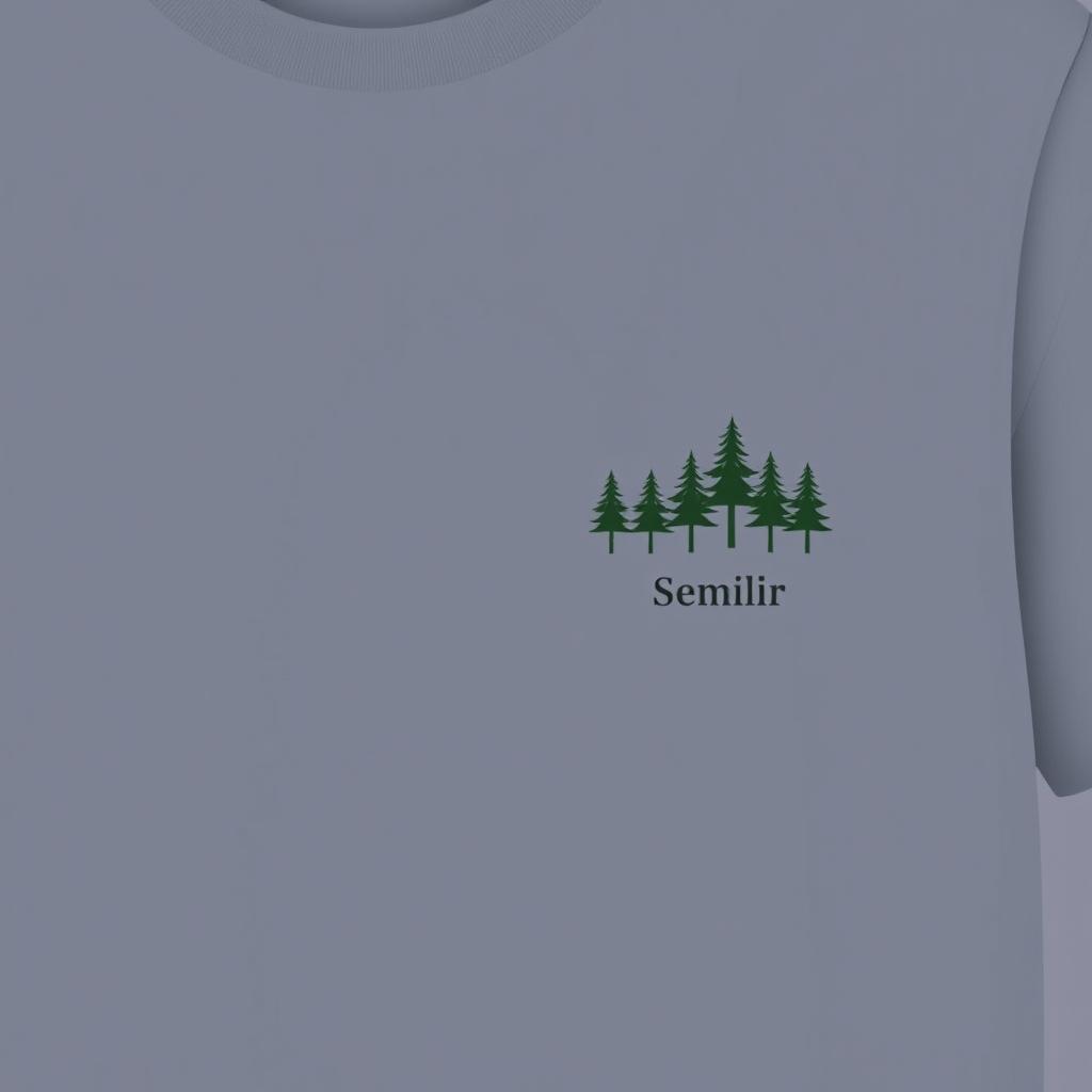 design of a plain grey t-shirt featuring a row of pine tree logos neatly aligned on the right chest area