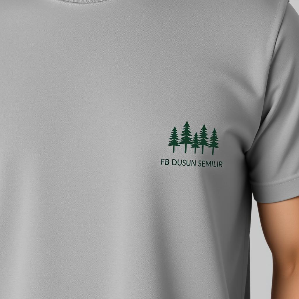 design of a plain grey t-shirt featuring a row of pine tree logos neatly aligned on the right chest area