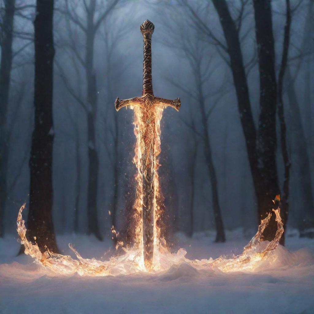 A brilliantly gleaming sword, one half aflame with searing fire, the other half encased in shimmering ice, both surrounded by a cascade of radiant lights.