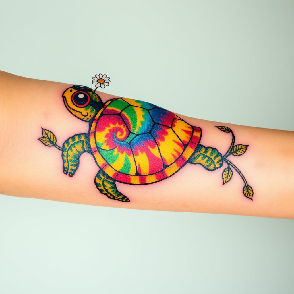 A tattoo design for the arm featuring a hippie turtle