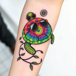 A tattoo design for the arm featuring a hippie turtle