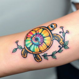 A tattoo design for the arm featuring a hippie turtle