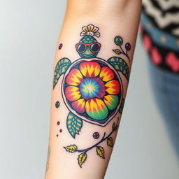 A tattoo design for the arm featuring a hippie turtle