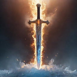 A brilliantly gleaming sword, one half aflame with searing fire, the other half encased in shimmering ice, both surrounded by a cascade of radiant lights.