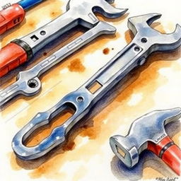 A watercolor painting of tools, including wrenches and hammers, placed on a workbench