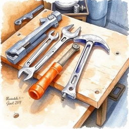 A watercolor painting of tools, including wrenches and hammers, placed on a workbench