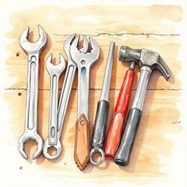 A watercolor painting of tools, including wrenches and hammers, placed on a workbench