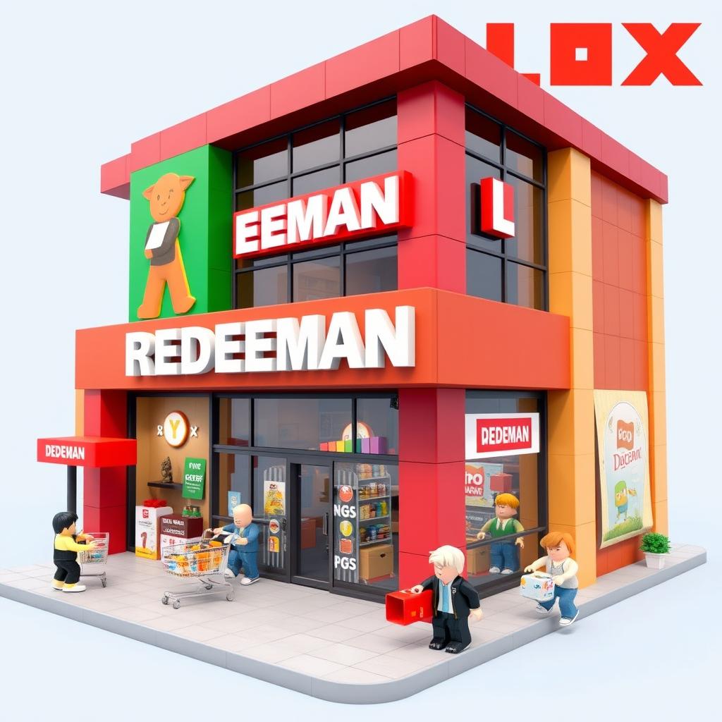 A Roblox style building inspired by a DEDEMAN store, featuring a blocky and playful design with vibrant colors