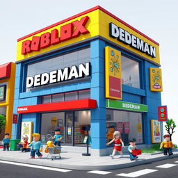 A Roblox style building inspired by a DEDEMAN store, featuring a blocky and playful design with vibrant colors