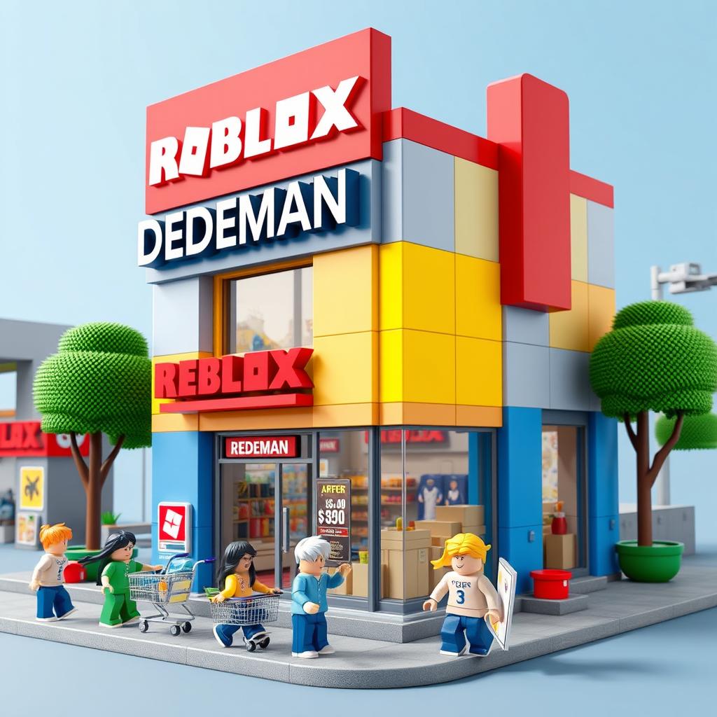 A Roblox style building inspired by a DEDEMAN store, featuring a blocky and playful design with vibrant colors