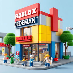 A Roblox style building inspired by a DEDEMAN store, featuring a blocky and playful design with vibrant colors