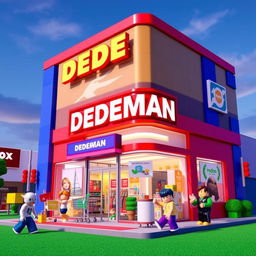 A Roblox style building inspired by a DEDEMAN store, featuring a blocky and playful design with vibrant colors