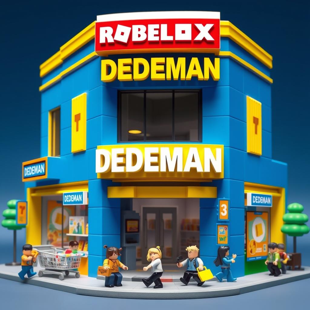 A Roblox style building inspired by a DEDEMAN store, featuring a blocky and playful design dominated by blue and yellow colors