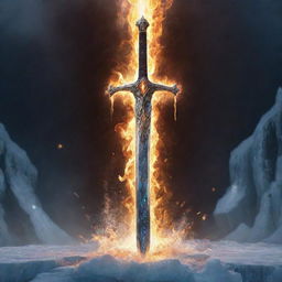 A brilliantly gleaming sword, one half aflame with searing fire, the other half encased in shimmering ice, both surrounded by a cascade of radiant lights.