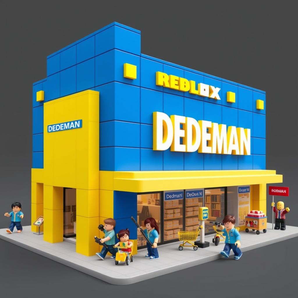 A Roblox style building inspired by a DEDEMAN store, featuring a blocky and playful design dominated by blue and yellow colors