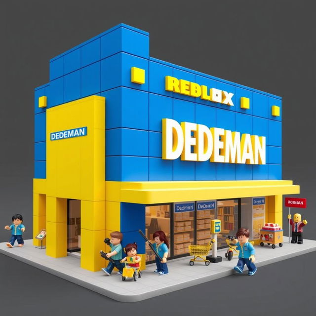 A Roblox style building inspired by a DEDEMAN store, featuring a blocky and playful design dominated by blue and yellow colors