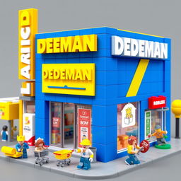 A Roblox style building inspired by a DEDEMAN store, featuring a blocky and playful design dominated by blue and yellow colors