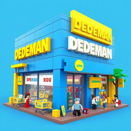 A Roblox style building inspired by a DEDEMAN store, featuring a blocky and playful design dominated by blue and yellow colors