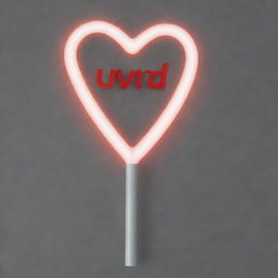 Design a sleek white lightstick. The handle is long and holds the word 'vivid' in bold red letters. The top of the stick forms a large, see-through heart. Inside this heart, a V-shaped LED light glows brightly.