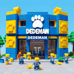 A playful Roblox style building inspired by a DEDEMAN store, featuring a unique dog theme and blocky design dominated by blue and yellow colors