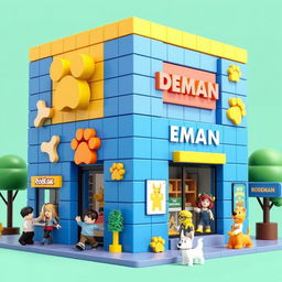 A playful Roblox style building inspired by a DEDEMAN store, featuring a unique dog theme and blocky design dominated by blue and yellow colors