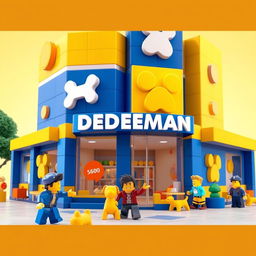 A playful Roblox style building inspired by a DEDEMAN store, featuring a unique dog theme and blocky design dominated by blue and yellow colors