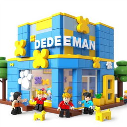 A playful Roblox style building inspired by a DEDEMAN store, featuring a unique dog theme and blocky design dominated by blue and yellow colors