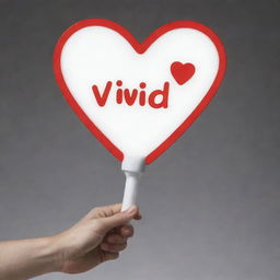 Design a sleek white lightstick. The handle is long and holds the word 'vivid' in bold red letters. The top of the stick forms a large, see-through heart. Inside this heart, a V-shaped LED light glows brightly.