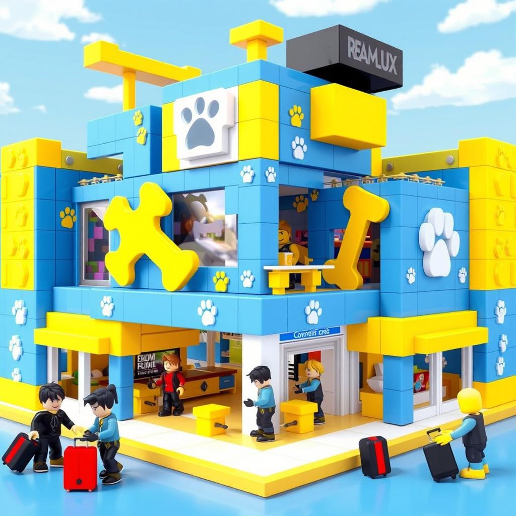 A Roblox style airport building with a unique dog-themed design, featuring a blocky and playful architecture