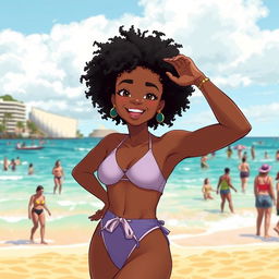 Anime-style illustration of an African Australian woman at Bondi Beach