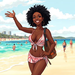 Anime-style illustration of an African Australian woman at Bondi Beach