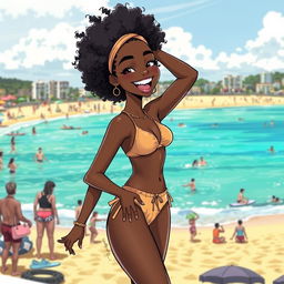 Anime-style illustration of an African Australian woman at Bondi Beach