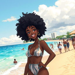 Anime-style illustration of an African Australian woman at Bondi Beach