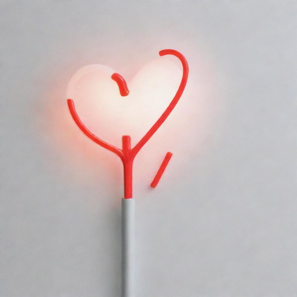 Design a sleek white lightstick. The handle is long and holds the word 'vivid' in bold red letters. The top of the stick forms a large, see-through heart. Inside this heart, a V-shaped LED light glows brightly.