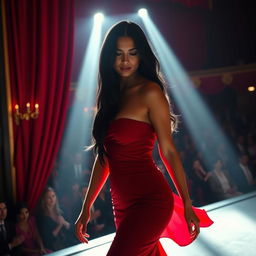 a stunning actress with long, black hair in a sexy red dress stepping onto the stage