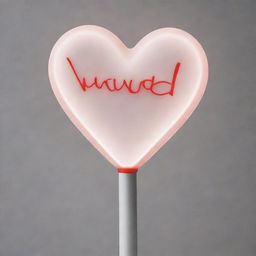 Design a sleek white lightstick. The handle is long and holds the word 'vivid' in bold red letters. The top of the stick forms a large, see-through heart. Inside this heart, a V-shaped LED light glows brightly.