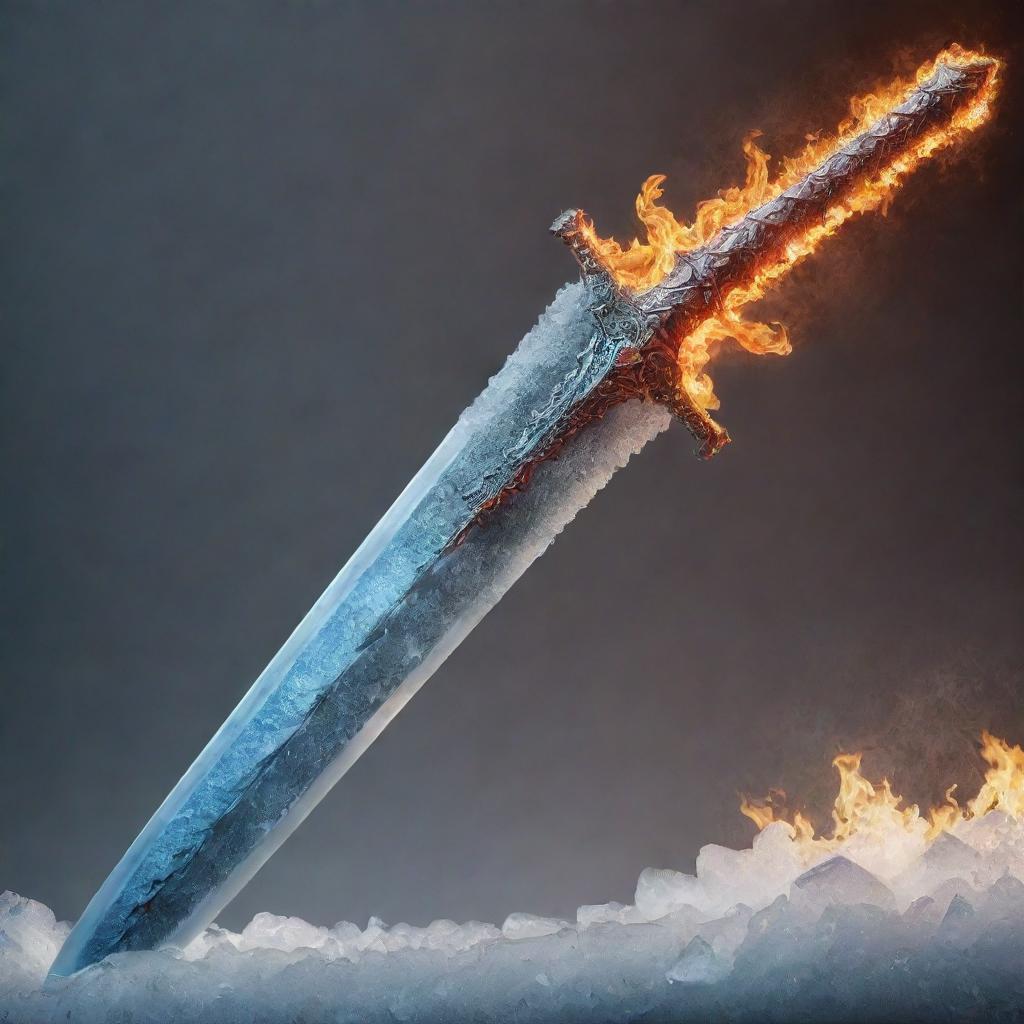 A magnificent sword, with one side aflame with fiery intensity and the other side coated in frosty ice.