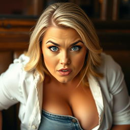 A blonde woman with blue eyes gazes provocatively at the camera