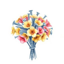 A watercolor painting of a bouquet crafted entirely from screws