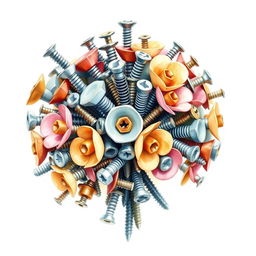 A watercolor painting of a bouquet crafted entirely from screws