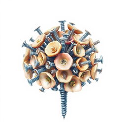 A watercolor painting of a bouquet crafted entirely from screws